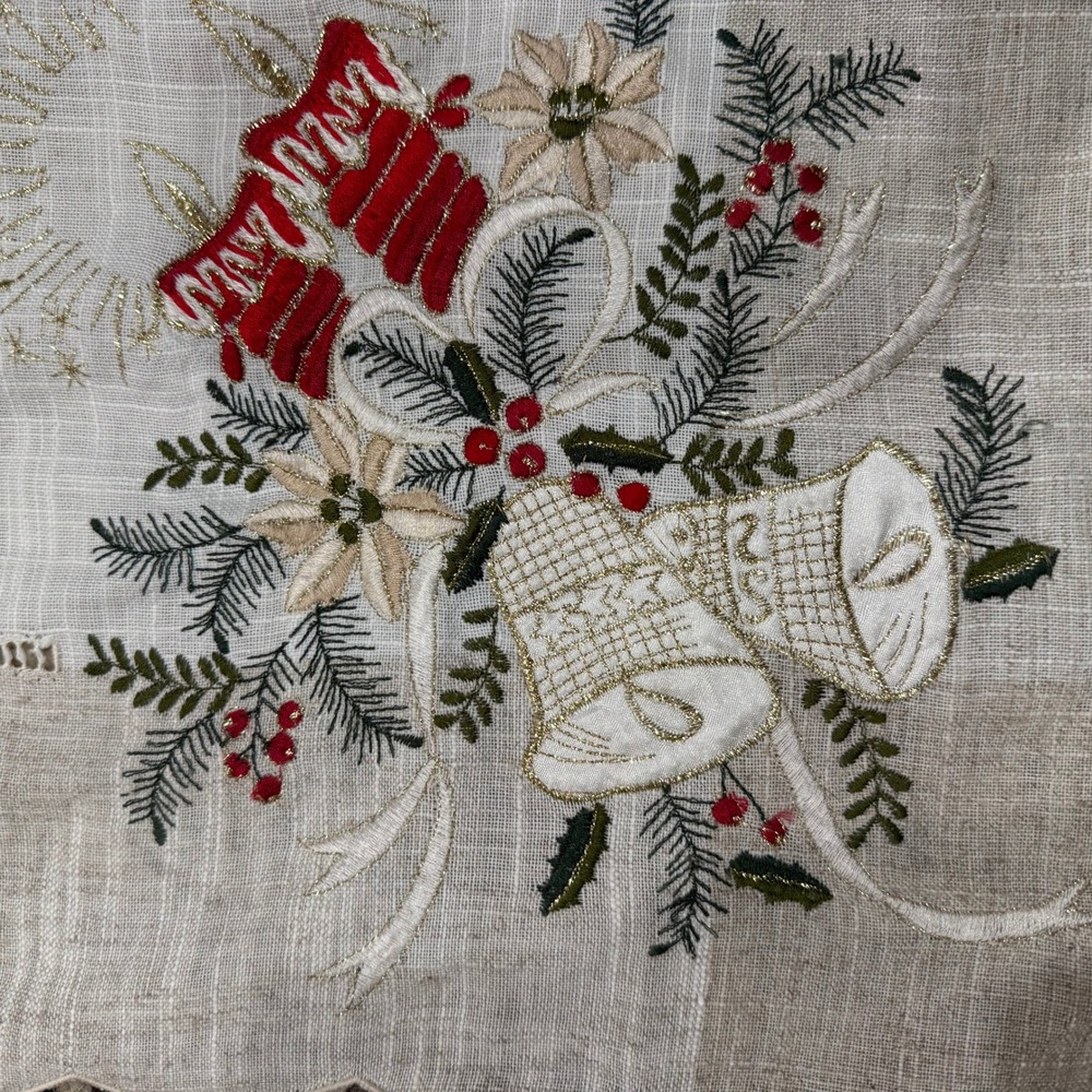 Vintage Embroidered Christmas Tablecloth Bells Poinsettia Holly Hemstitch 33x33 - Picture 7 of 12